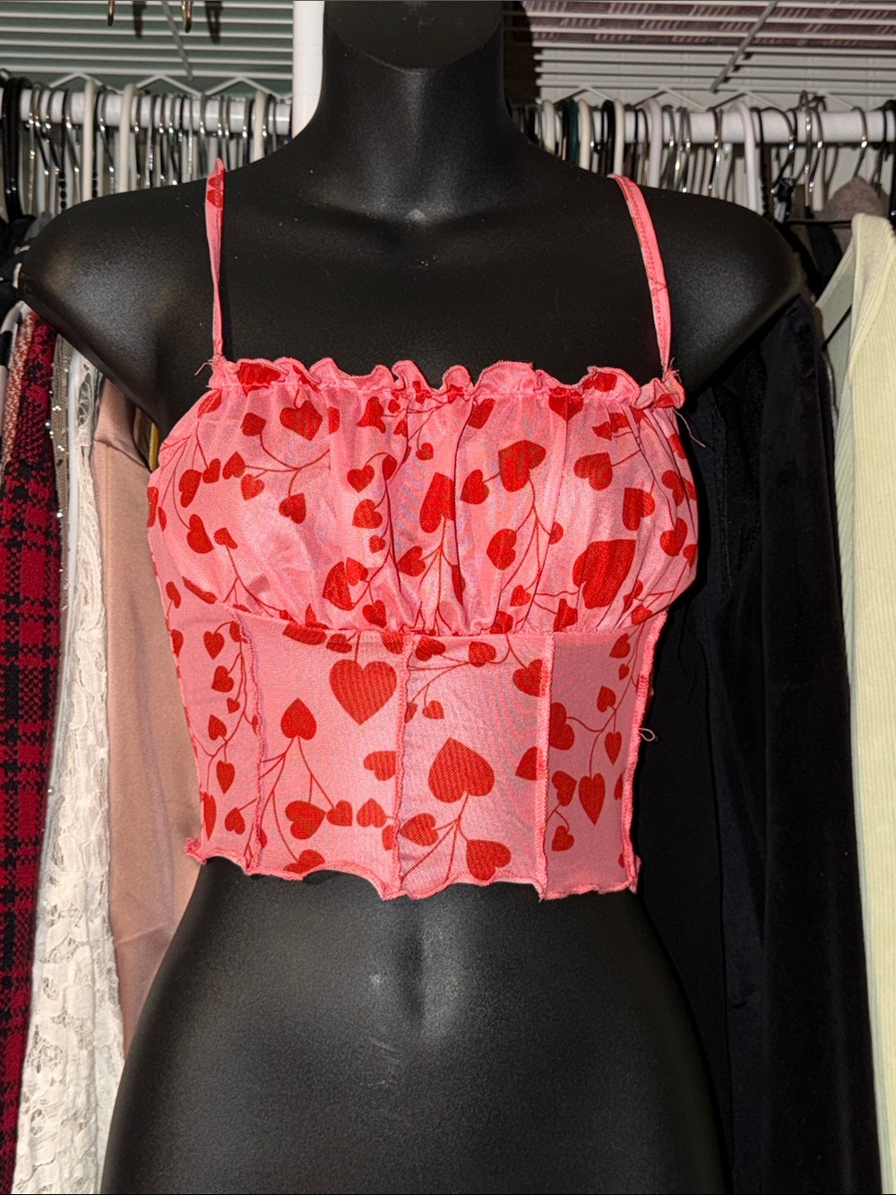 SHEIN Pink and Red Heart-Print Corset Camisole